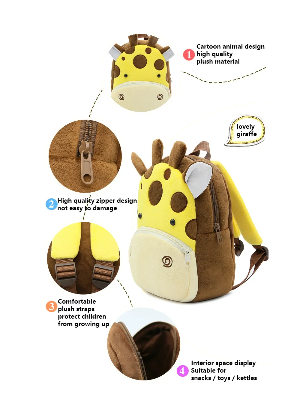 3D Cartoon Plush Giraffe Children Backpacks