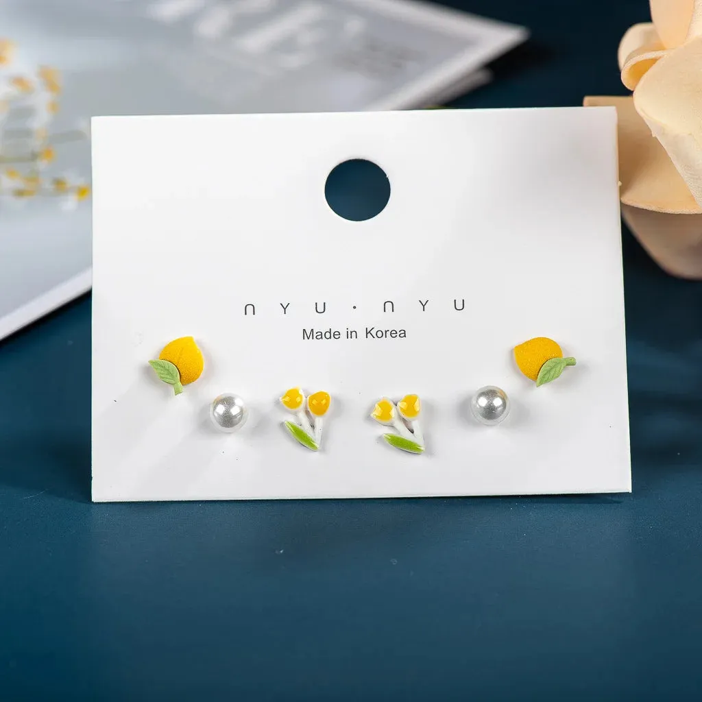 3pairs Fashion Cartoon Pearl Heart Whale Peach Ceramic Gift Earrings