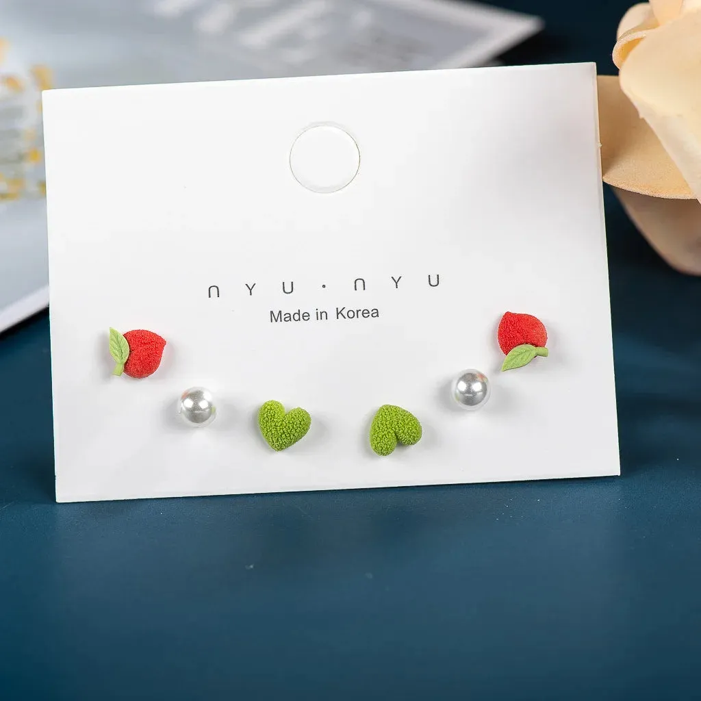 3pairs Fashion Cartoon Pearl Heart Whale Peach Ceramic Gift Earrings