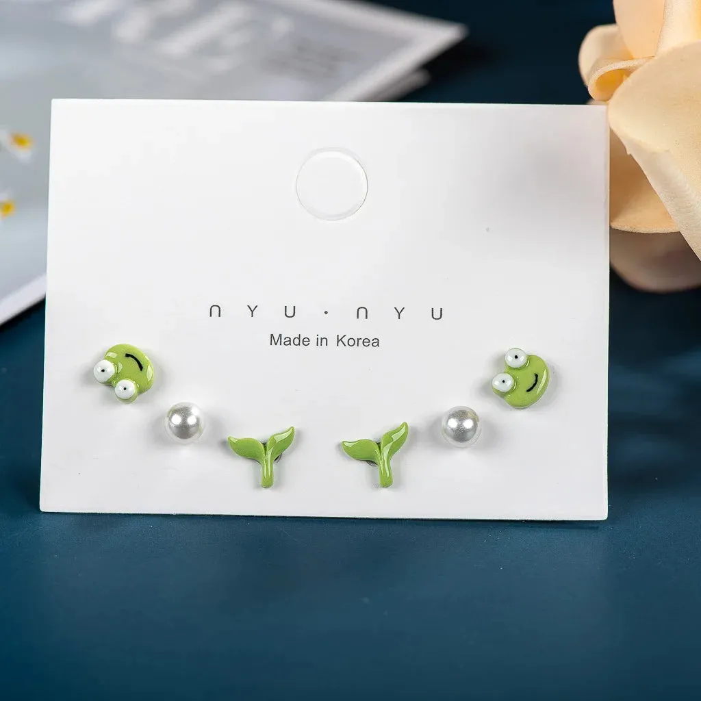 3pairs Fashion Cartoon Pearl Heart Whale Peach Ceramic Gift Earrings