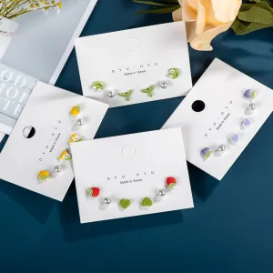 3pairs Fashion Cartoon Pearl Heart Whale Peach Ceramic Gift Earrings
