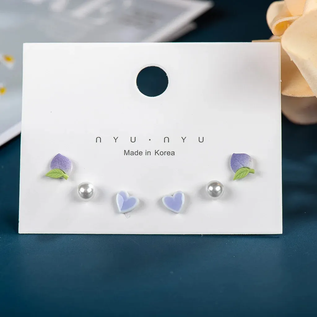 3pairs Fashion Cartoon Pearl Heart Whale Peach Ceramic Gift Earrings