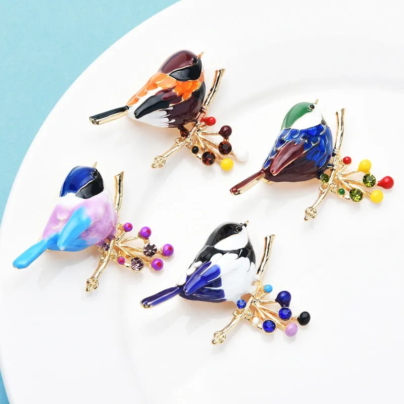4-color Enamel Bird Brooches Women Lovely Eat Red-bean Bird Animal Office Party Brooch