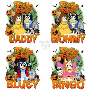 4 Family Dog Halloween Cartoon Designs Bundle PNG