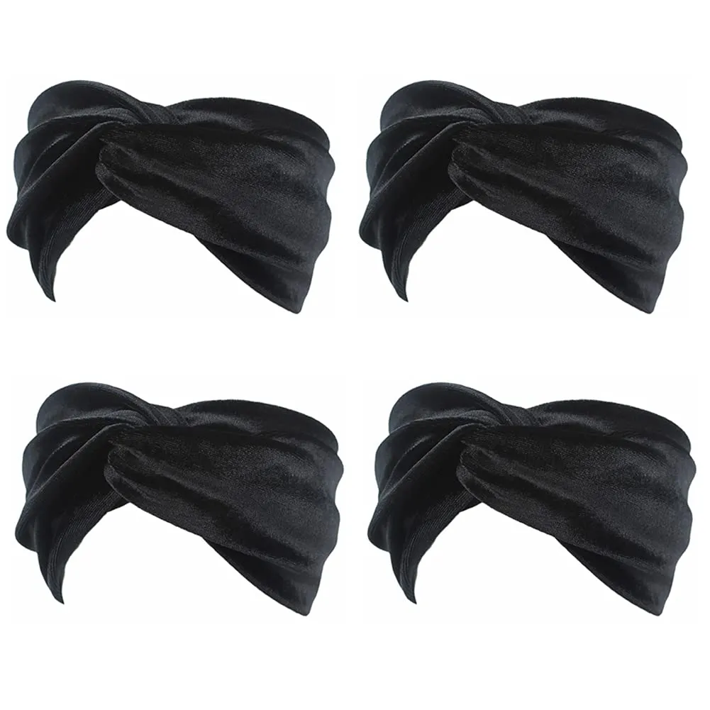 4 Pack Women Turban Headbands Head Wraps Knotted Elastic Teen Girls Yoga Workout Solid Color Hair Accessories (Black)