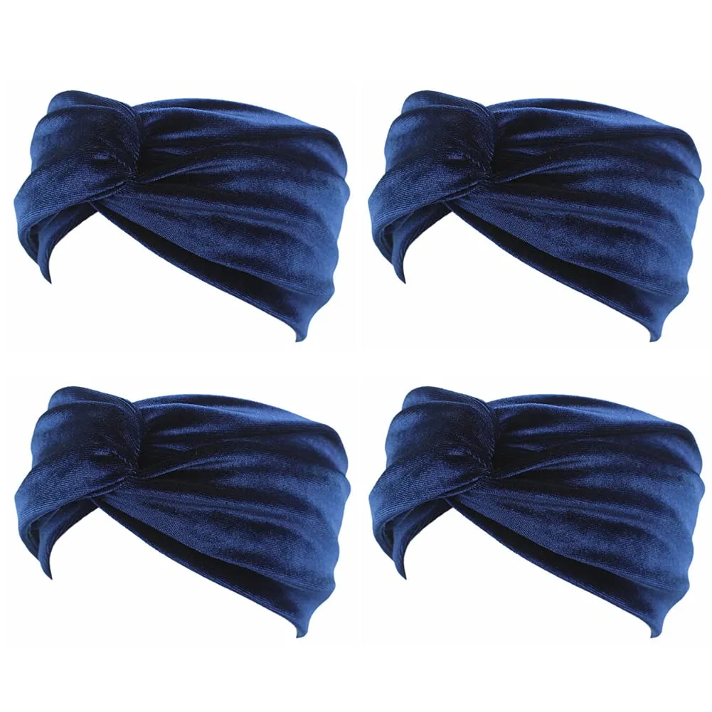 4 Pack Women Turban Headbands Head Wraps Knotted Elastic Teen Girls Yoga Workout Solid Color Hair Accessories (Navy)