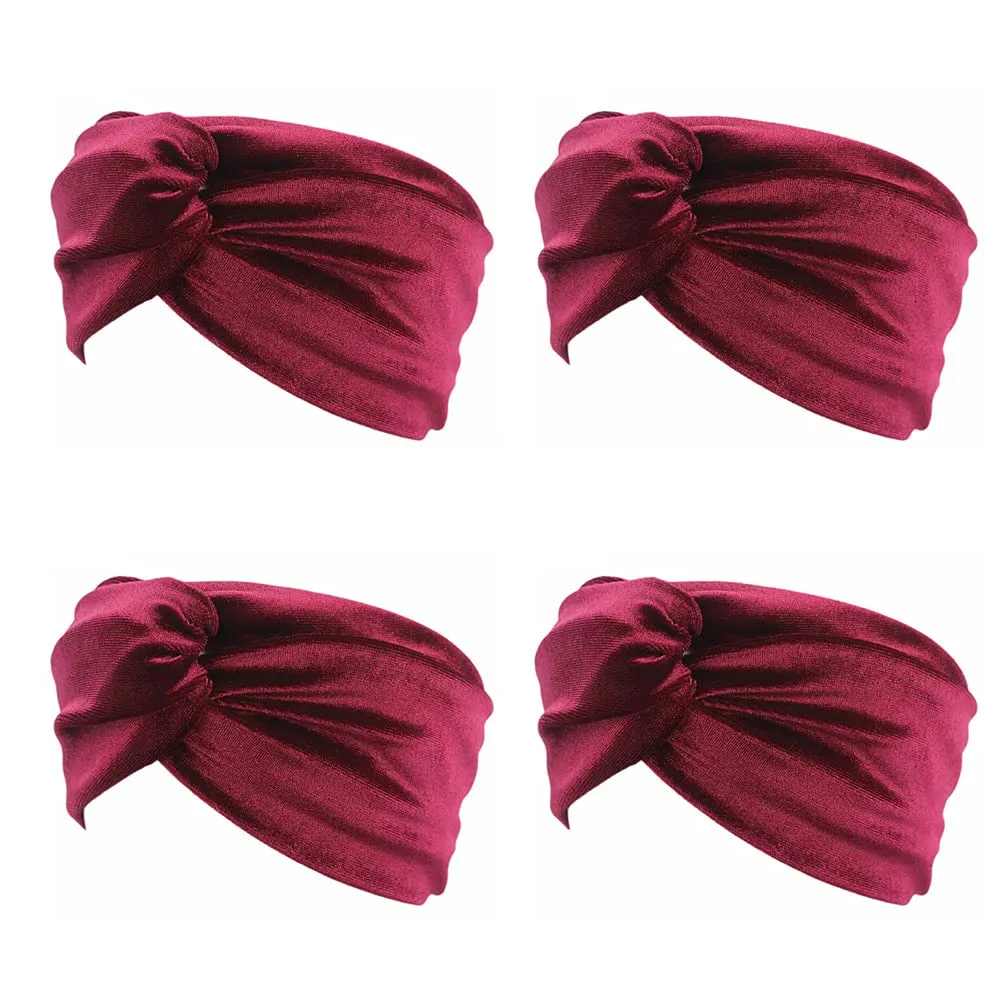 4 Pack Women Turban Headbands Head Wraps Knotted Elastic Teen Girls Yoga Workout Solid Color Hair Accessories (Red)