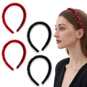4 PCS Pearl Velvet Headband Black Head Bands Fashion Red Headdress Vintage Turban Non Slip Soft Thick Padded Hair Hoops No Teeth Headwear Grace Hair Accessories for Women Girls Hairstyle Decoration