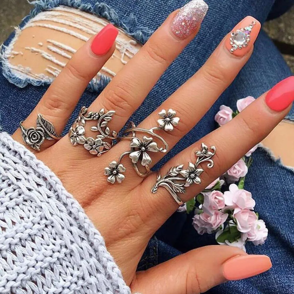 4 Pcs Women Rings Set Flower Silver Bohemian Rings For Women Adjustable Handmade Finger Ring For Women and Girls