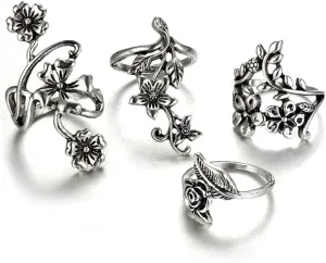 4 Pcs Women Rings Set Flower Silver Bohemian Rings For Women Adjustable Handmade Finger Ring For Women and Girls