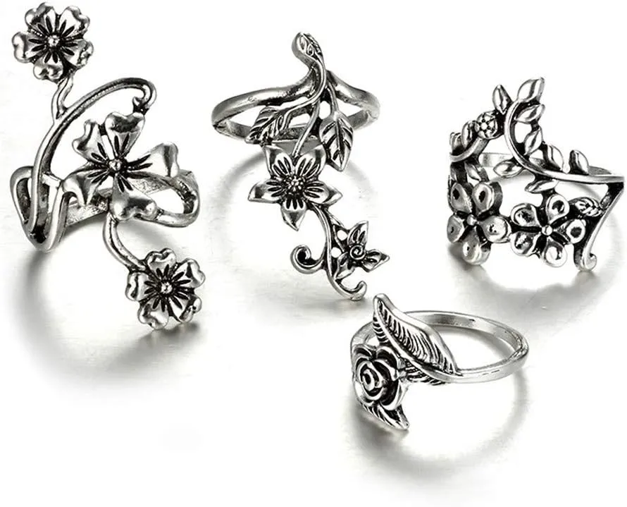 4 Pcs Women Rings Set Flower Silver Bohemian Rings For Women Adjustable Handmade Finger Ring For Women and Girls