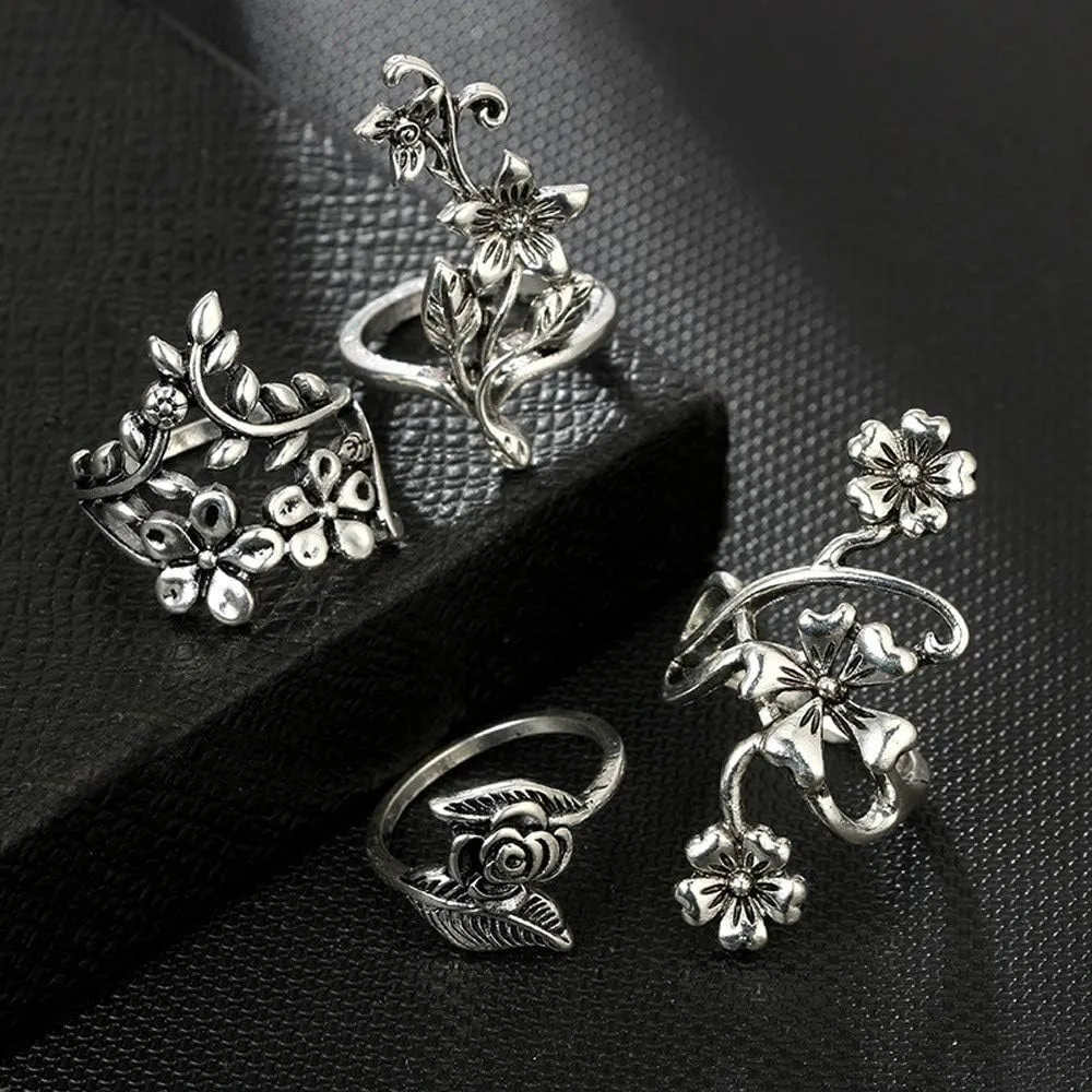 4 Pcs Women Rings Set Flower Silver Bohemian Rings For Women Adjustable Handmade Finger Ring For Women and Girls