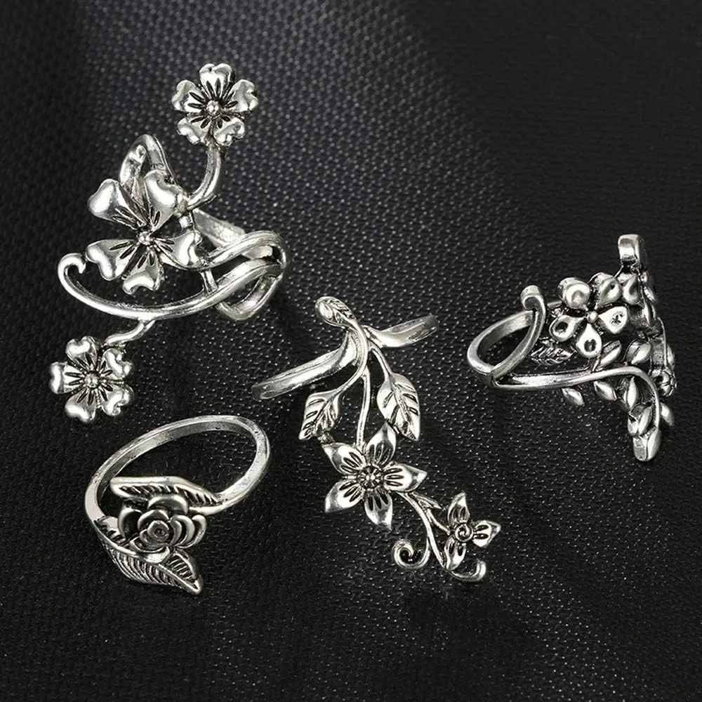 4 Pcs Women Rings Set Flower Silver Bohemian Rings For Women Adjustable Handmade Finger Ring For Women and Girls