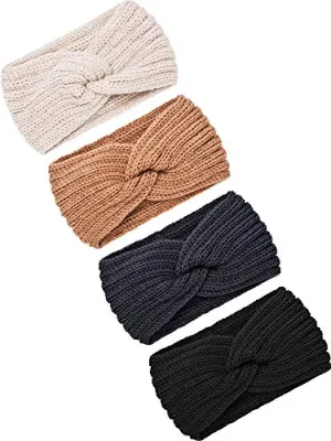 4 Pieces Winter Ear Warmers Headbands Women Warm Knitted Headband Braided Crochet Head Wraps for Girls (Black, Dark Grey, Camel, Beige)