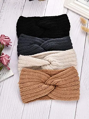 4 Pieces Winter Ear Warmers Headbands Women Warm Knitted Headband Braided Crochet Head Wraps for Girls (Black, Dark Grey, Camel, Beige)