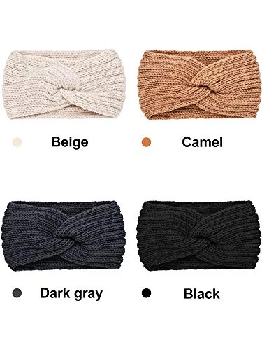 4 Pieces Winter Ear Warmers Headbands Women Warm Knitted Headband Braided Crochet Head Wraps for Girls (Black, Dark Grey, Camel, Beige)