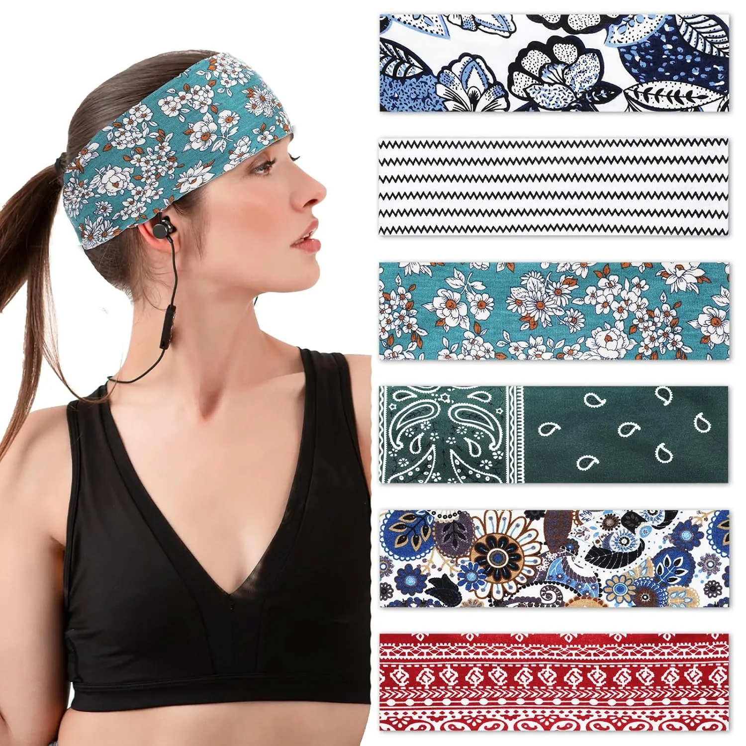 6 Packs Boho Headbands for Women, Fashion Wide Headband Yoga Workout Head Bands Non Slip Hair Wrap Stretchy Hair Accessories for Daily Use Sport Yoga Travel or Running(Cyan)