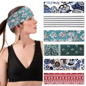 6 Packs Boho Headbands for Women, Fashion Wide Headband Yoga Workout Head Bands Non Slip Hair Wrap Stretchy Hair Accessories for Daily Use Sport Yoga Travel or Running(Cyan)