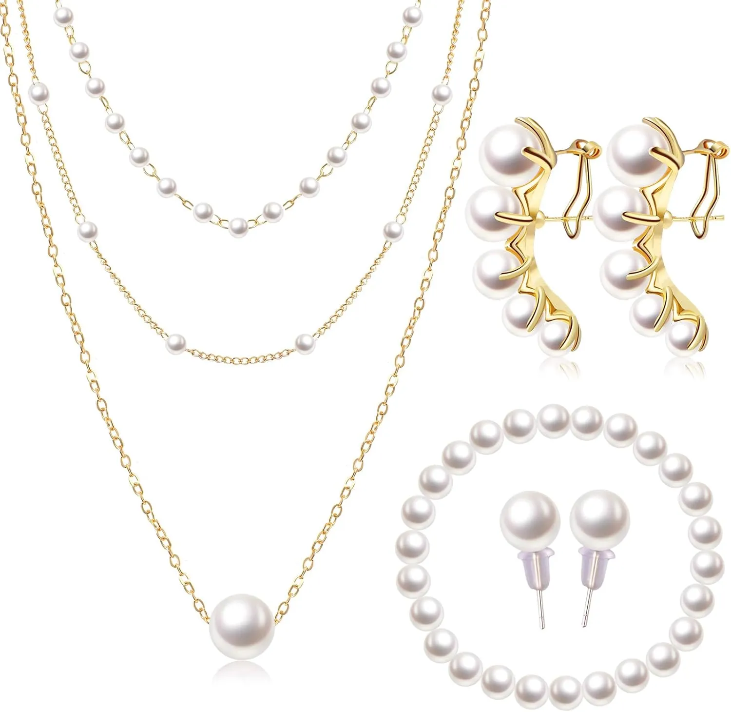 6 Pcs Gold Jewelry Set for Women Gold Plated Pearl Layered Necklace for Women Pearl Choker and Earrings Bracelet Set Valentine Wedding Bridesmaid Jewelry Gifts|