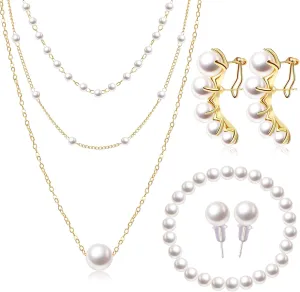 6 Pcs Gold Jewelry Set for Women Gold Plated Pearl Layered Necklace for Women Pearl Choker and Earrings Bracelet Set Valentine Wedding Bridesmaid Jewelry Gifts|