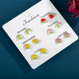 6pairs Fashion Cartoon Multicolor Peaches Ceramic Gift Earrings Anti-allergic  Sets