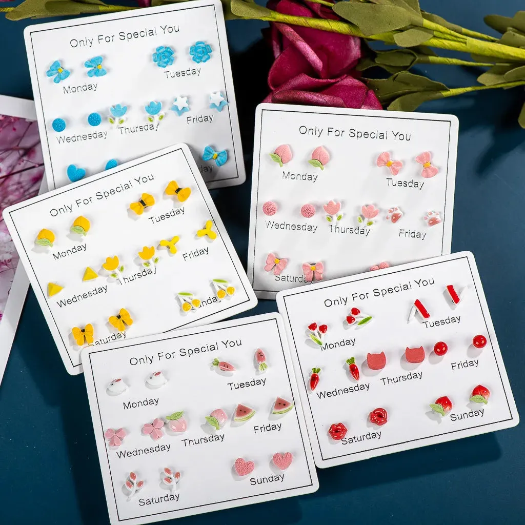 7pairs Fashion Cartoon Ceramic Gift Earrings Earring Set