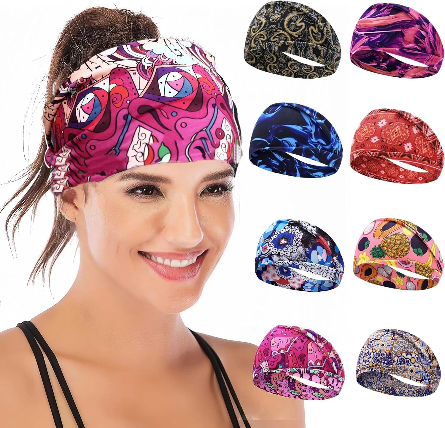 8-Pack Boho Wide Elastic Headbands for Women - Non-Slip Workout Hair Bands for Sports, Yoga, Running, and Fitness