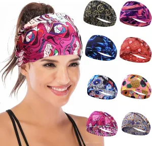 8-Pack Boho Wide Elastic Headbands for Women - Non-Slip Workout Hair Bands for Sports, Yoga, Running, and Fitness