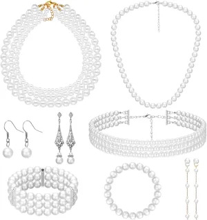 8 Pcs Pearl Jewelry Set 1920s Costume Accessories for Women Long Pearl Necklace Hoop Earrings Bracelet New Year Gift Bridesmaid Jewelry Set for Wedding