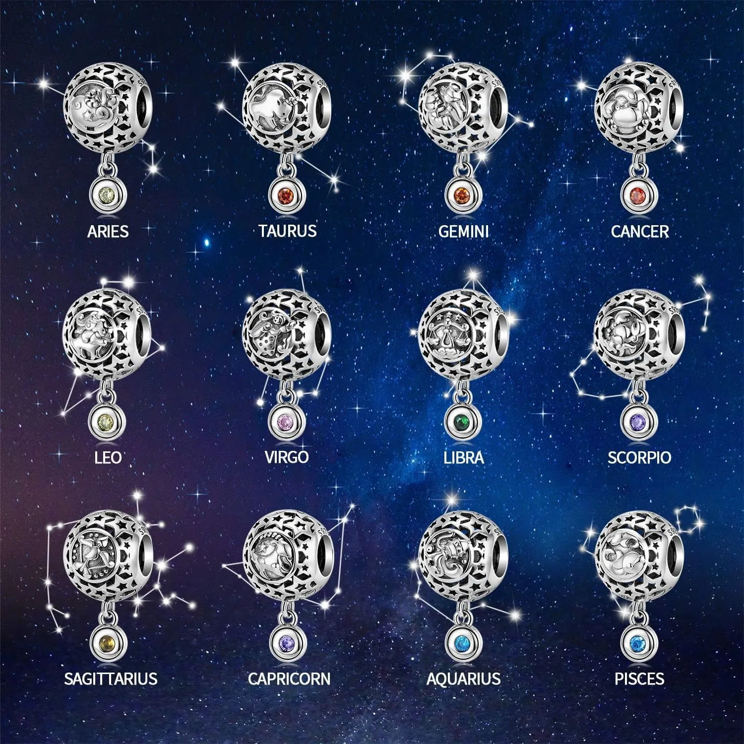 925 Sterling Silver Birthstone Charm Constellation Charm Heart Charm Mom Charm Flower Charm Women Charm Cup Charm for Pandora Charm Bracelet