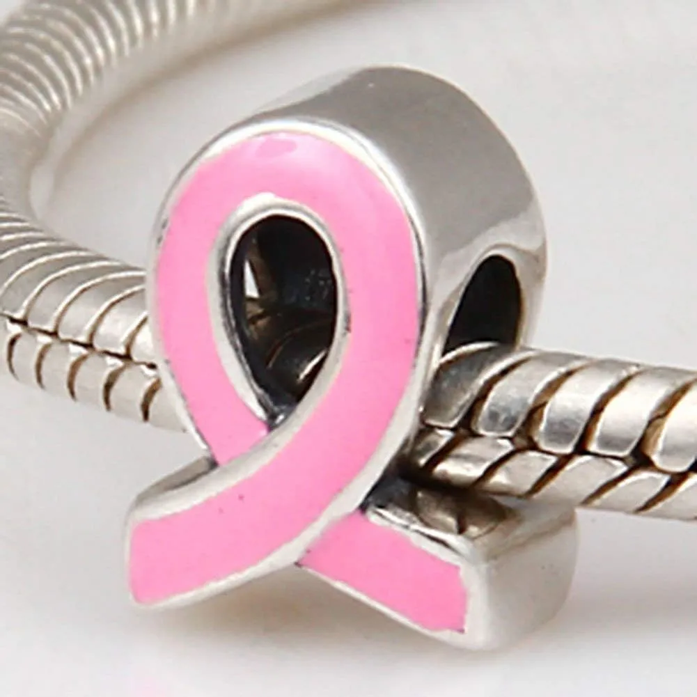 925 Sterling Silver Charm Ribbon Charm Breast Cancer Awareness Charm fit European Bracelet