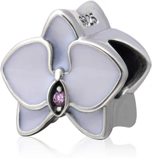 925 Sterling Silver Flower Charm Orchid Charm Love Charm Anniversary Charm ChristmasCharm for Pandora Charms Bracelet (White)