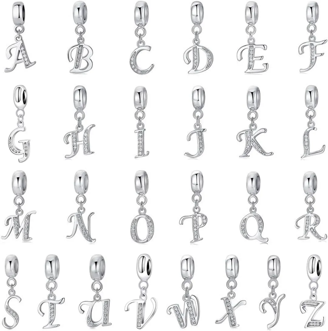 925 Sterling Silver Letter Charm Initial A-Z Charm Alphabet Crystal Anniversary Word Birthday DIY Family Charm for Pandora Charm Bracelet
