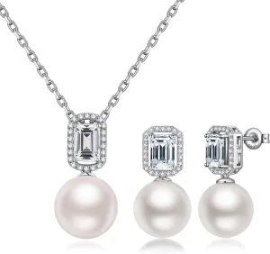 925 Sterling Silver Pearl Jewelry Set for Women, Glossy Simulated Pearl Earrings and Necklace Jewelry Set for Birthday,Wedding,Anniversary Chain 18inch, Jewelry Gift for Women