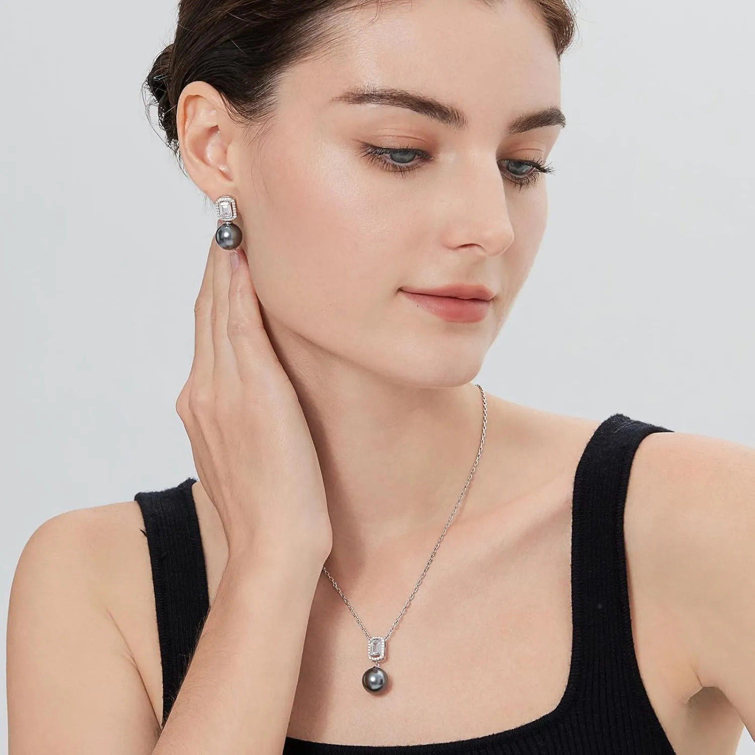 925 Sterling Silver Pearl Jewelry Set for Women, Glossy Simulated Pearl Earrings and Necklace Jewelry Set for Birthday,Wedding,Anniversary Chain 18inch, Jewelry Gift for Women