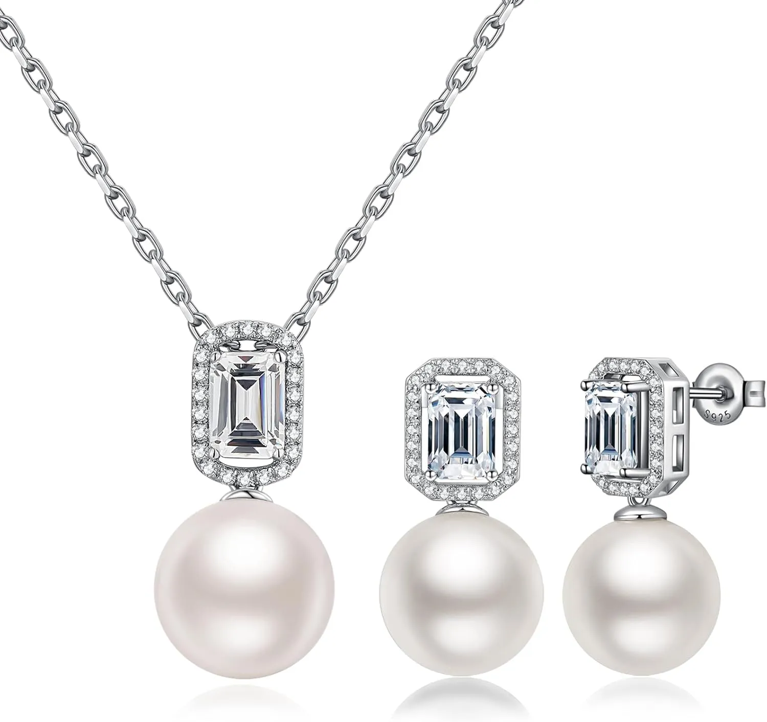 925 Sterling Silver Pearl Jewelry Set for Women, Glossy Simulated Pearl Earrings and Necklace Jewelry Set for Birthday,Wedding,Anniversary Chain 18inch, Jewelry Gift for Women