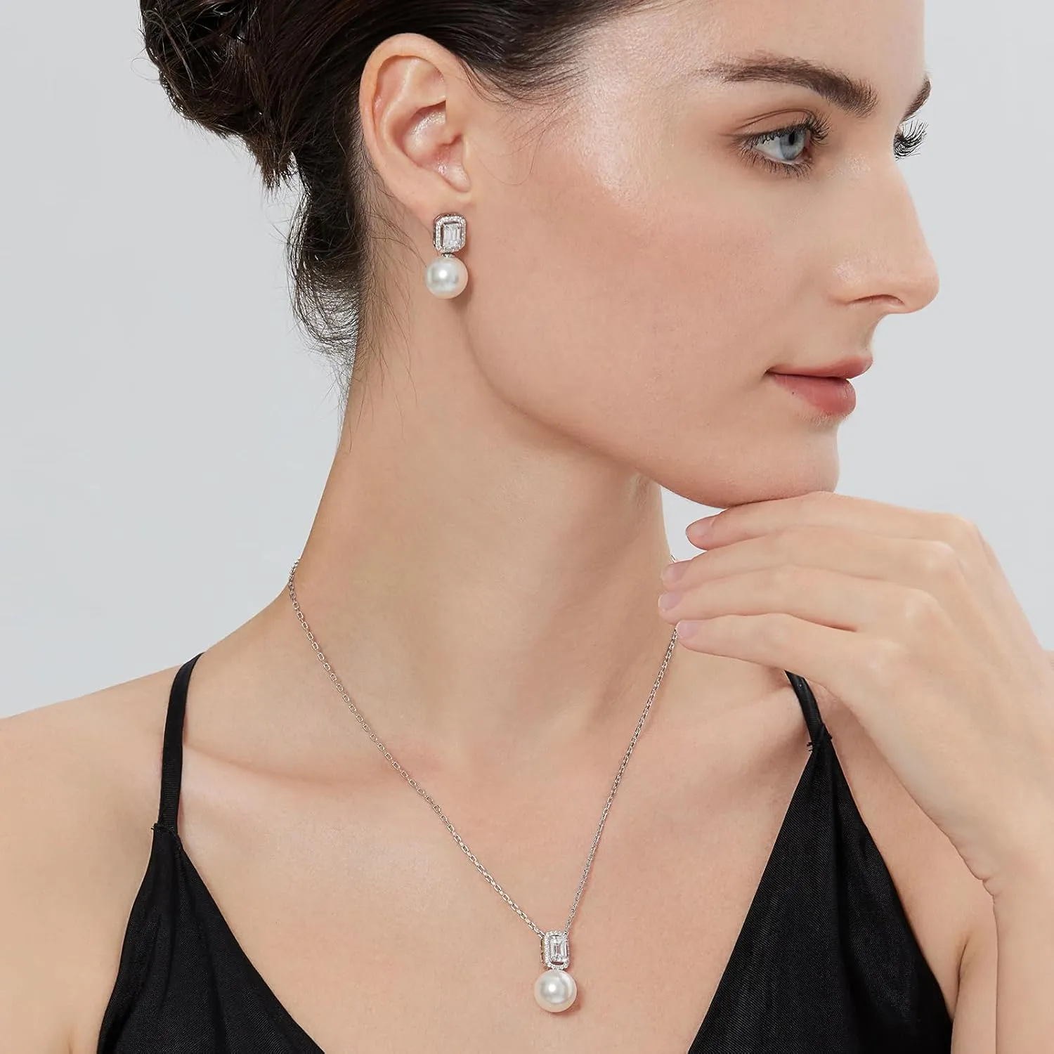 925 Sterling Silver Pearl Jewelry Set for Women, Glossy Simulated Pearl Earrings and Necklace Jewelry Set for Birthday,Wedding,Anniversary Chain 18inch, Jewelry Gift for Women
