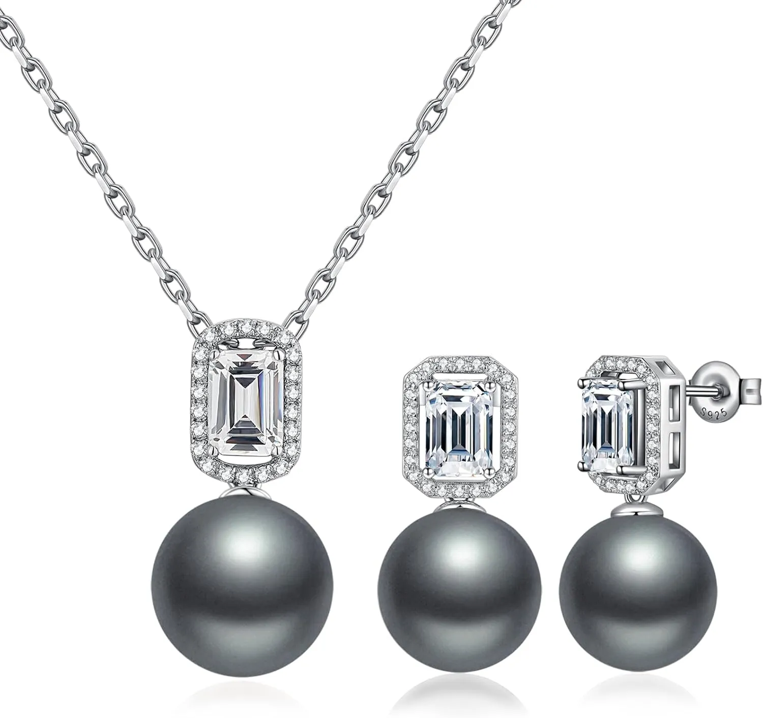 925 Sterling Silver Pearl Jewelry Set for Women, Glossy Simulated Pearl Earrings and Necklace Jewelry Set for Birthday,Wedding,Anniversary Chain 18inch, Jewelry Gift for Women