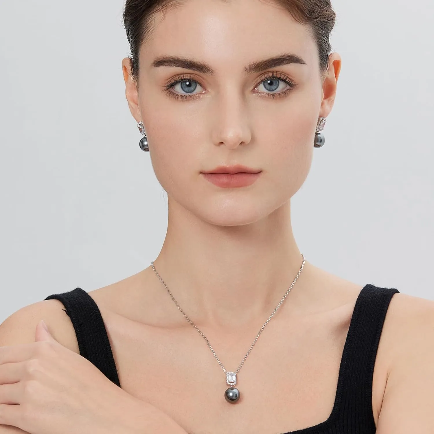 925 Sterling Silver Pearl Jewelry Set for Women, Glossy Simulated Pearl Earrings and Necklace Jewelry Set for Birthday,Wedding,Anniversary Chain 18inch, Jewelry Gift for Women