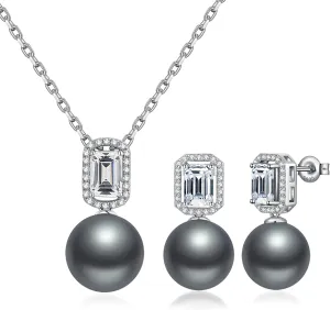 925 Sterling Silver Pearl Jewelry Set for Women, Glossy Simulated Pearl Earrings and Necklace Jewelry Set for Birthday,Wedding,Anniversary Chain 18inch, Jewelry Gift for Women
