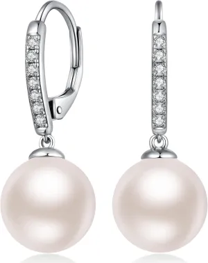 925 Sterling Silver Pearl Leverback Earrings for Women, Platinum-Plated Cubic Zirconia Diamond Pearl Dangle Drop Earrings Simulated White Pearl 10MM