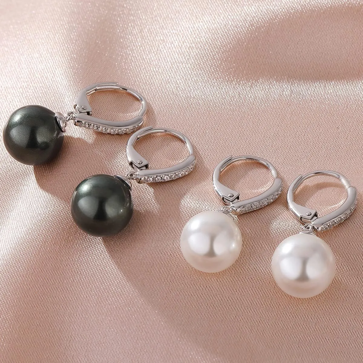 925 Sterling Silver Pearl Leverback Earrings for Women, Platinum-Plated Cubic Zirconia Diamond Pearl Dangle Drop Earrings Simulated White Pearl 10MM
