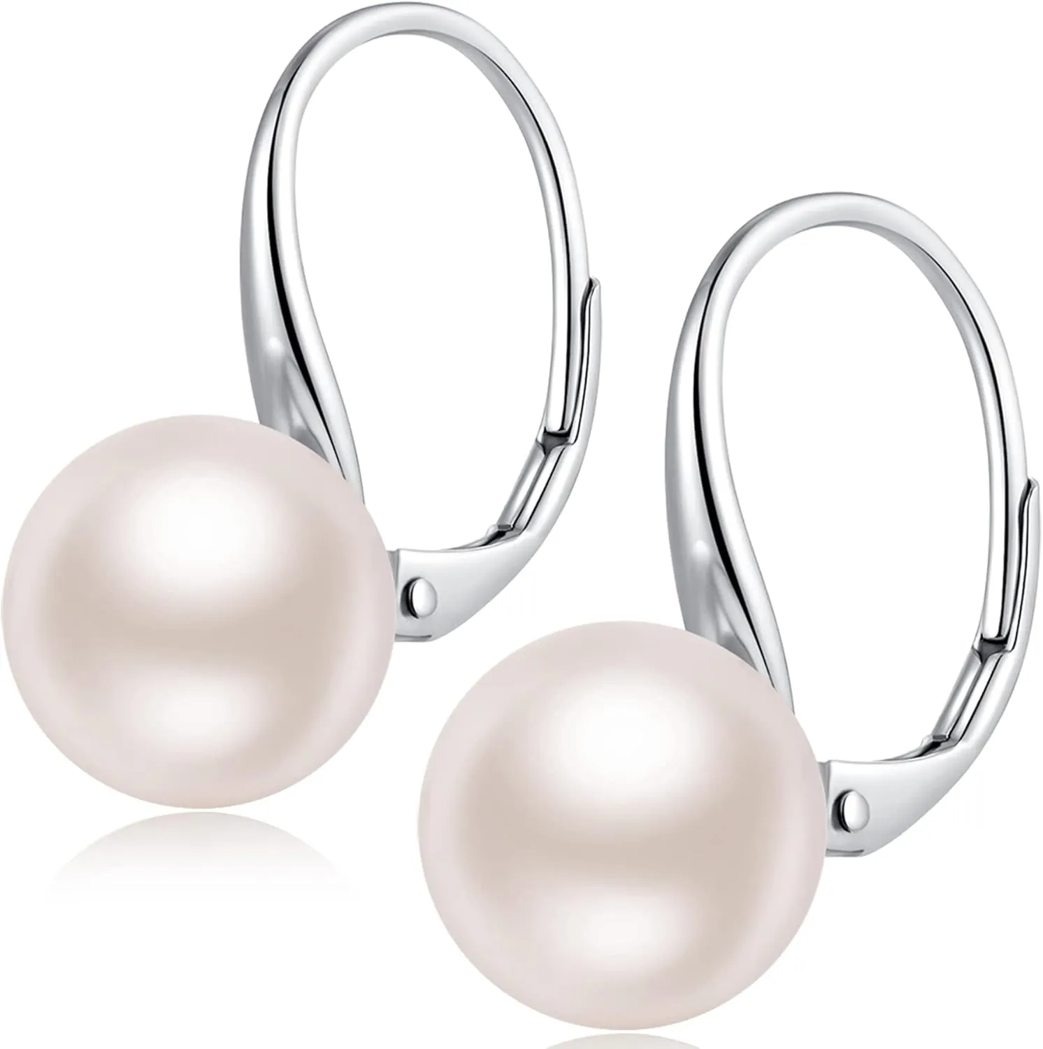 925 Sterling Silver Pearl Leverback Earrings for Women, Platinum-Plated Pearl Dangle Drop Earrings Simulated White Pearl 10MM