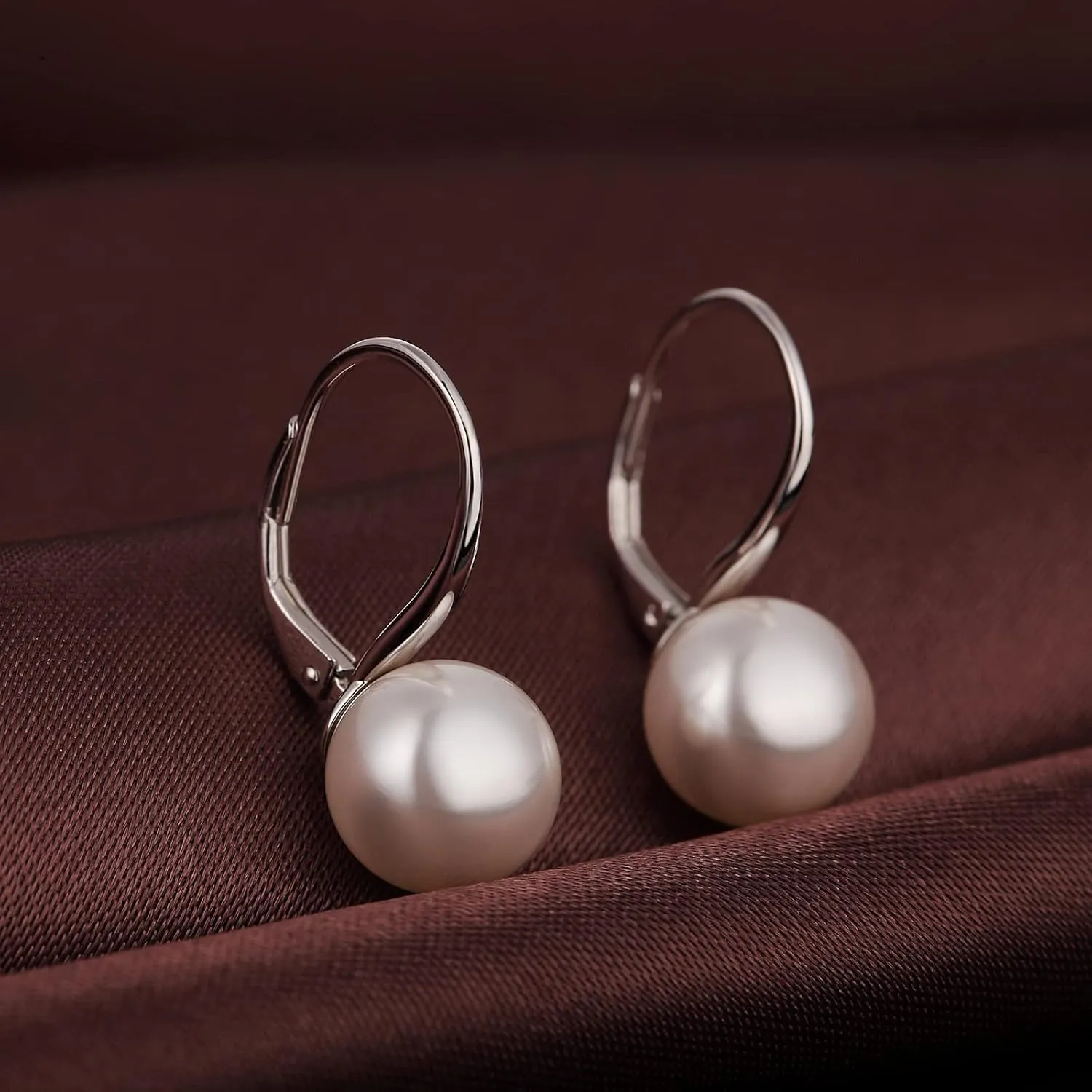 925 Sterling Silver Pearl Leverback Earrings for Women, Platinum-Plated Pearl Dangle Drop Earrings Simulated White Pearl 10MM