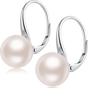 925 Sterling Silver Pearl Leverback Earrings for Women, Platinum-Plated Pearl Dangle Drop Earrings Simulated White Pearl 10MM