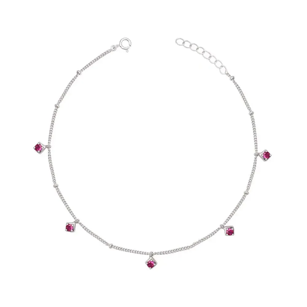 925 Sterling Silver Single Red Zircon Anklet