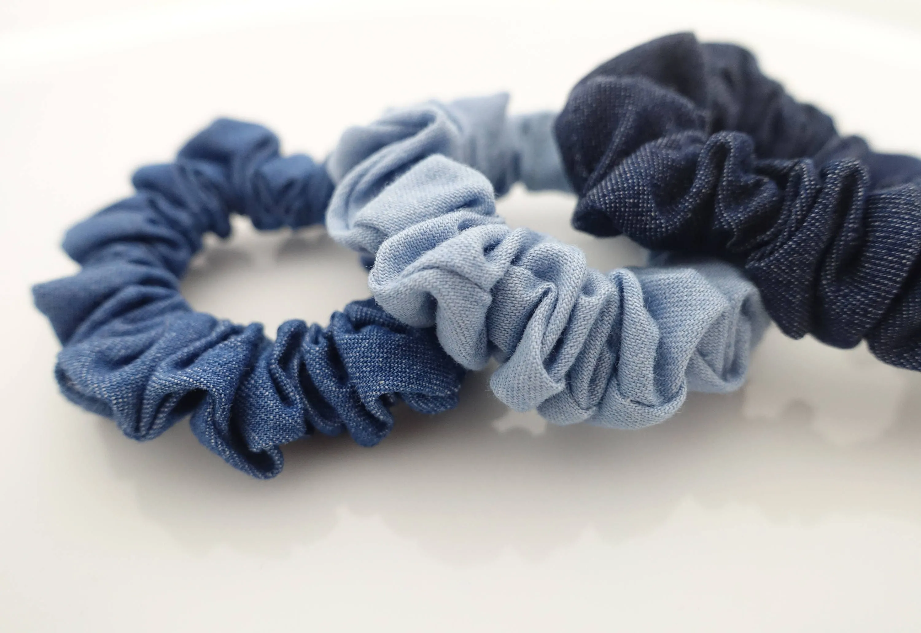 A Set of 3 Denim Scrunchies Blue Light Blue Dark Blue Jean Hair Elastic hair tie scrunchy Set