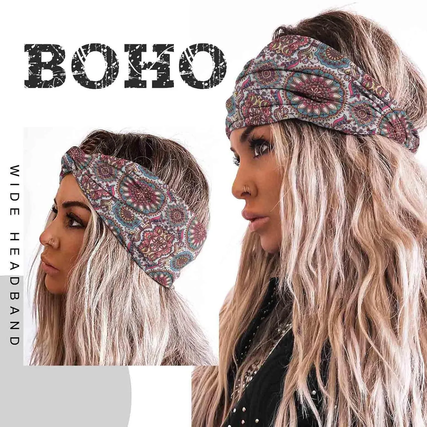 Acenail Wide Headbands Women Boho Turban Knotted Headband Floral Elastic Non Slip Hairband Workout Yoga Head Scarfs Bohemian Headwraps Fashion Hair Accessories for Women 4Pcs (Stylish)