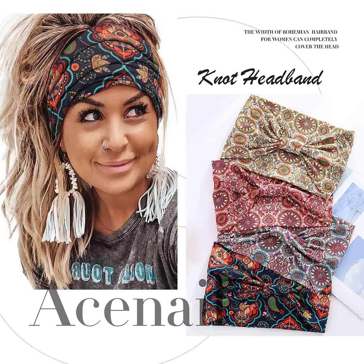 Acenail Wide Headbands Women Boho Turban Knotted Headband Floral Elastic Non Slip Hairband Workout Yoga Head Scarfs Bohemian Headwraps Fashion Hair Accessories for Women 4Pcs (Stylish)