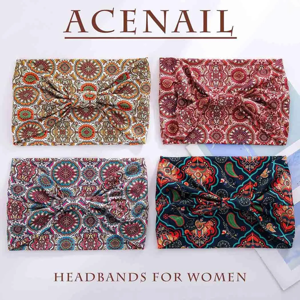Acenail Wide Headbands Women Boho Turban Knotted Headband Floral Elastic Non Slip Hairband Workout Yoga Head Scarfs Bohemian Headwraps Fashion Hair Accessories for Women 4Pcs (Stylish)